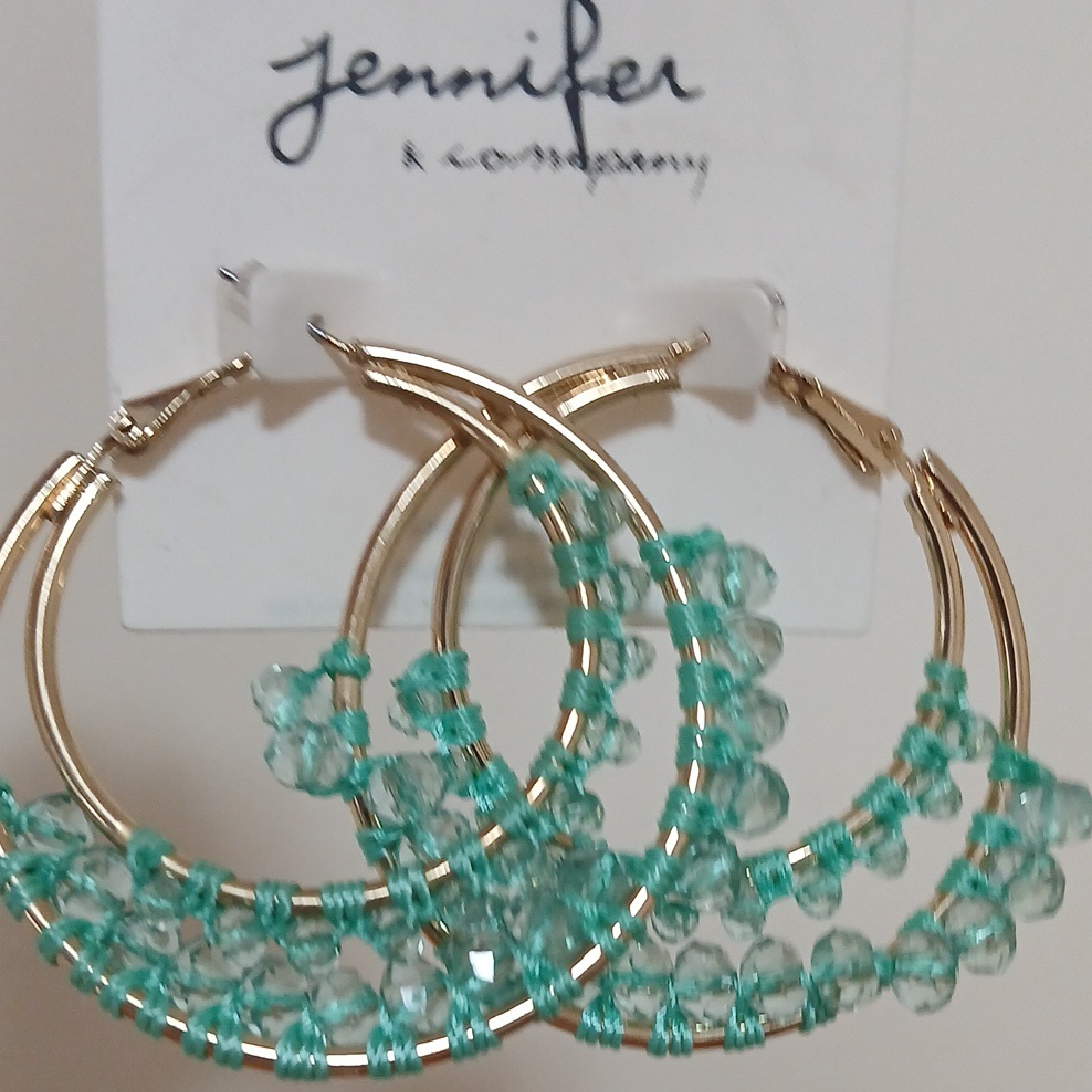 Gold And Teal Beaded Hoop Earrings